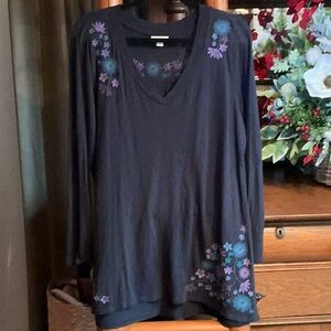 J Jill Navy Blue Teal Purple Floral Embroidered V Neck Tunic L